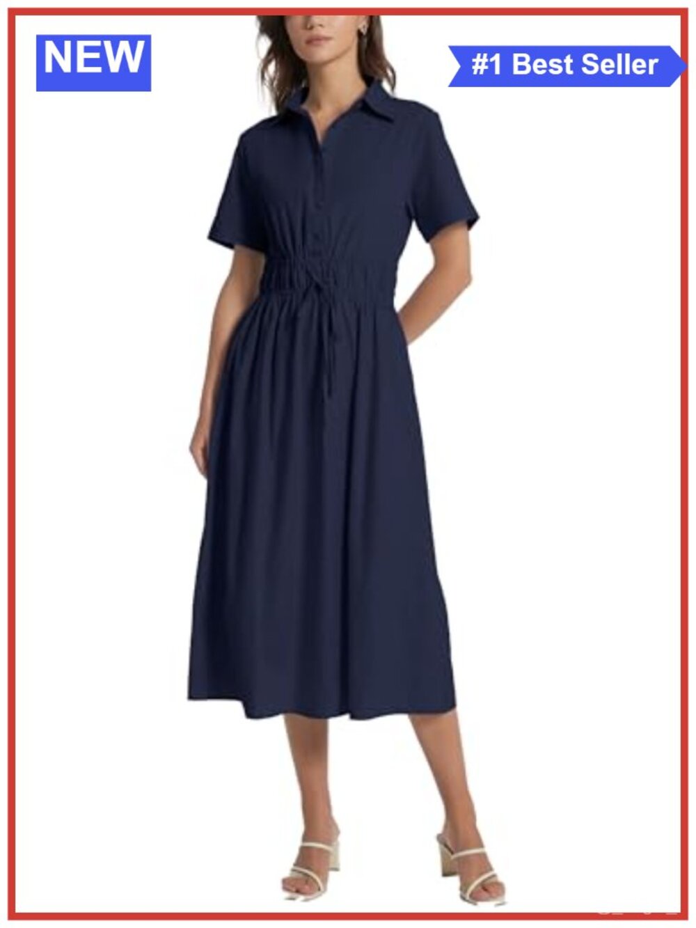 Women Cotton Button Down Midi Shirt Dress Tie Waist V-Neck Short Sleeve